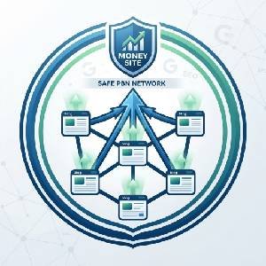 Infographic illustrating a safe private blog network (PBN) architecture for SEO services, showing secure links flowing to a money site.