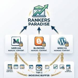 Infographic illustrating the best web 2.0 link building service strategy featuring manual tier-one properties and tier-two indexing buffers.
