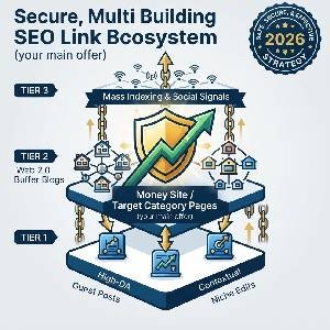 Visual diagram showing how to buy SEO link packages combining Web 2.0s, guest posts, and niche edits for safe ranking.