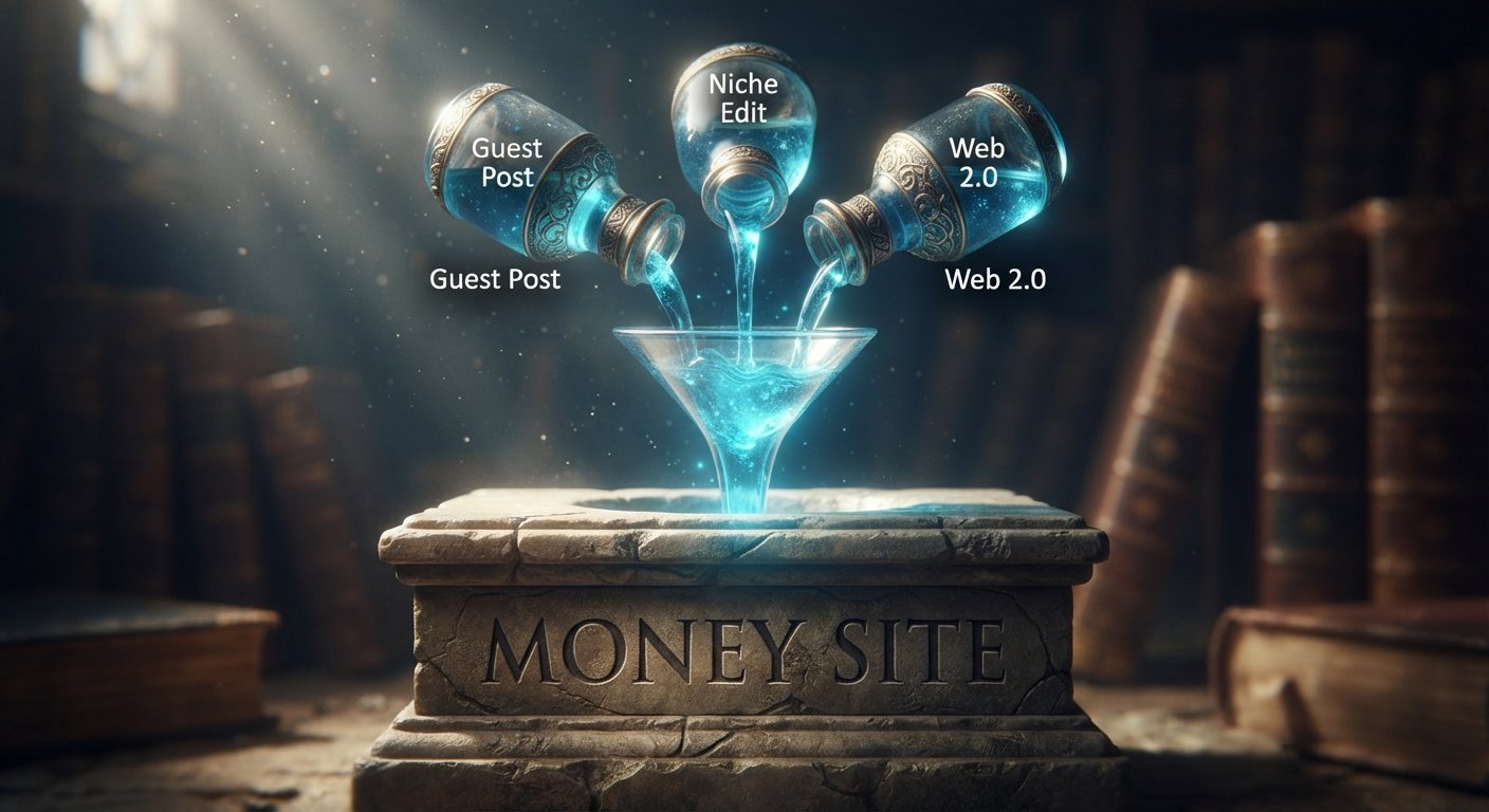 A cinematic conceptual image showing glowing blue link juice pouring from three distinct vials (Guest Post, Niche Edit, Web 2.0) onto a stone pedestal labeled 'Money Site'.