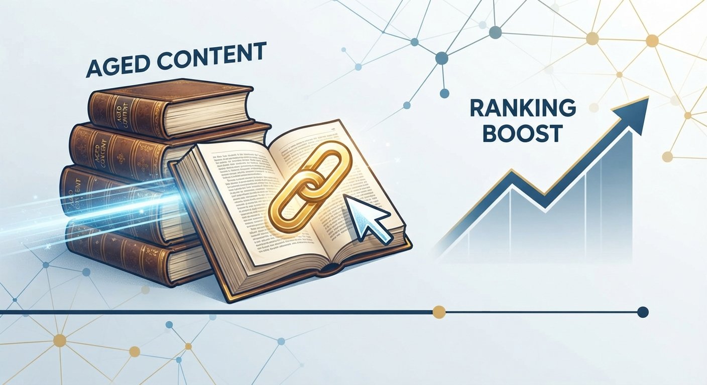 A digital illustration showing a golden hyperlink being inserted into aged content, resulting in an immediate ranking boost.