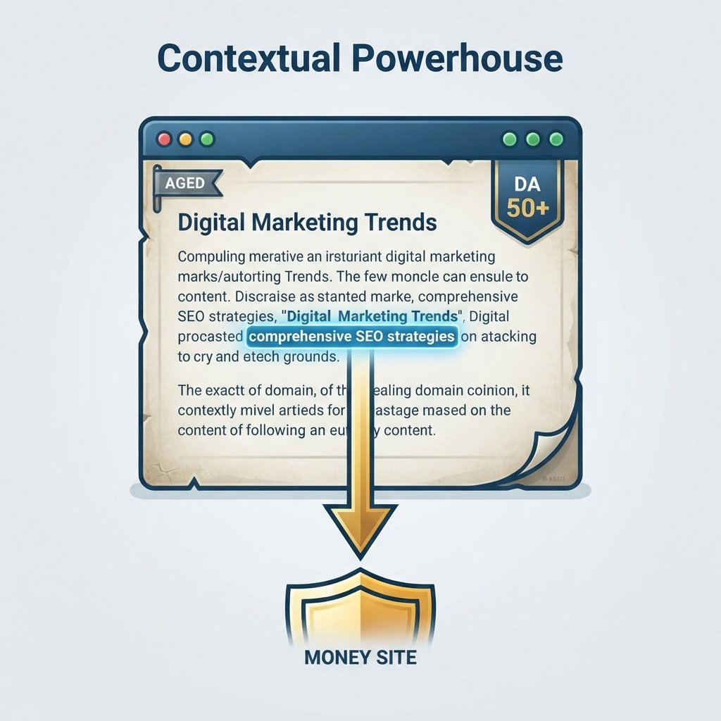 Diagram showing a contextual link from an aged, high-DA guest post page passing equity directly to the money site shield.