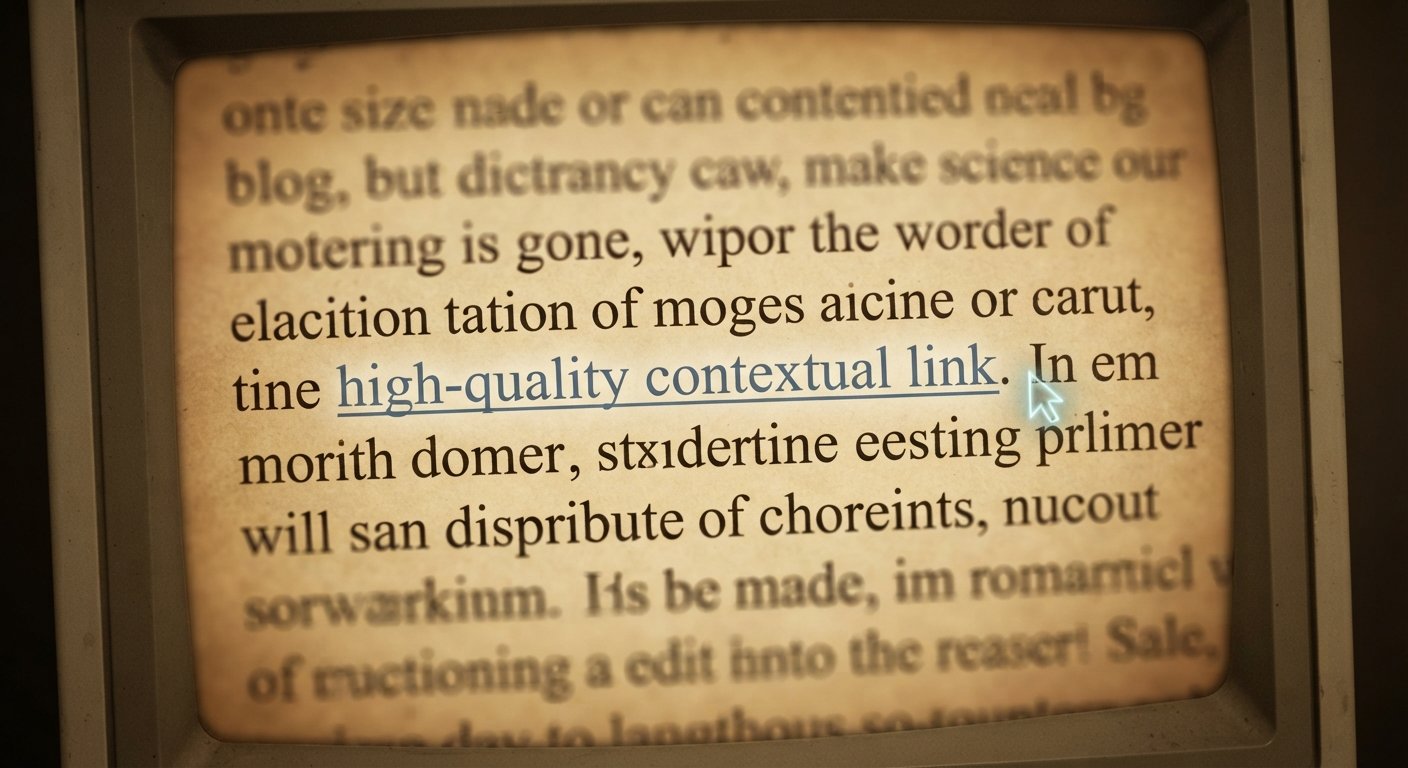 A macro photograph of a specific blue hyperlink embedded in aged blog text on an amber monitor.