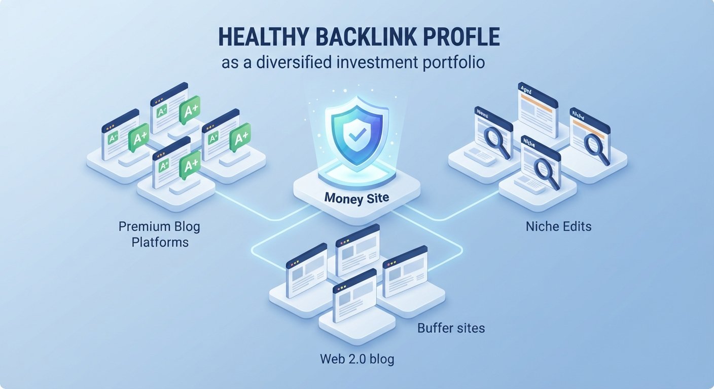 Isometric infographic showing a diversified SEO backlink profile with guest posts, niche edits, and Web 2.0s feeding a central money site.