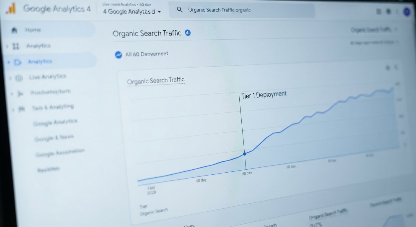 A close-up of a Google Analytics screen showing a sharp, annotated spike in organic search traffic following the deployment of Tier 1 backlinks.