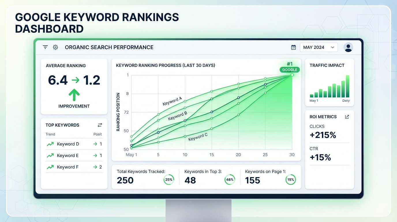Google keyword rankings dashboard showing improved search engine positions from the All In One Backlink Service