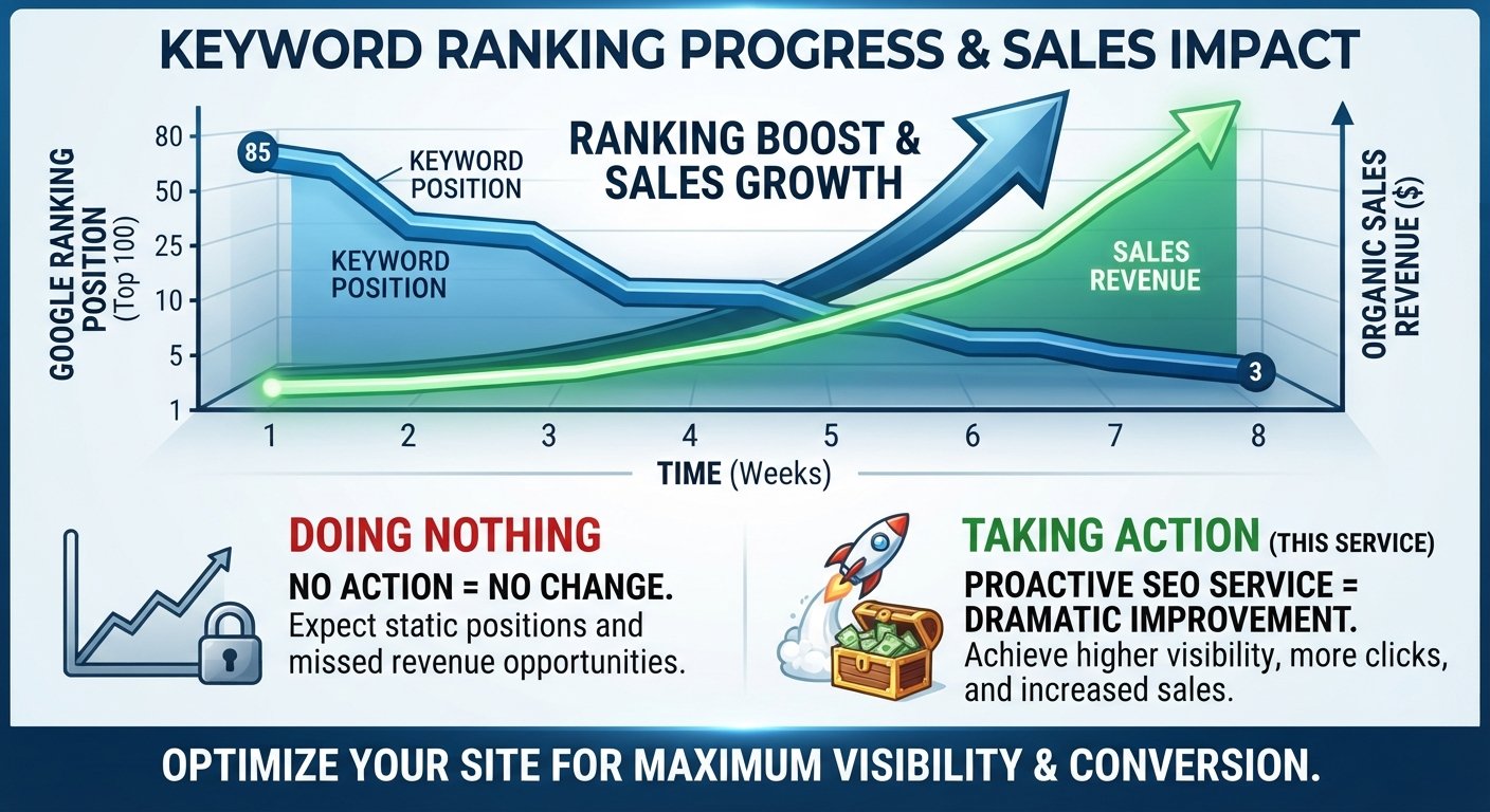 Graph showing dramatic Google SERP keyword ranking improvements leading to sales