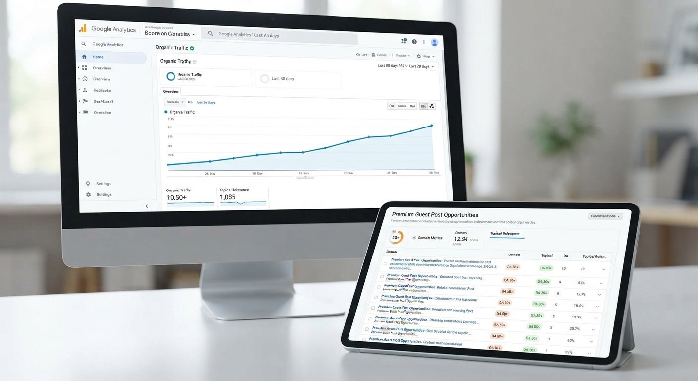 A computer monitor displaying a Google Analytics organic traffic graph alongside a tablet showing a curated list of high-DA guest post opportunities.