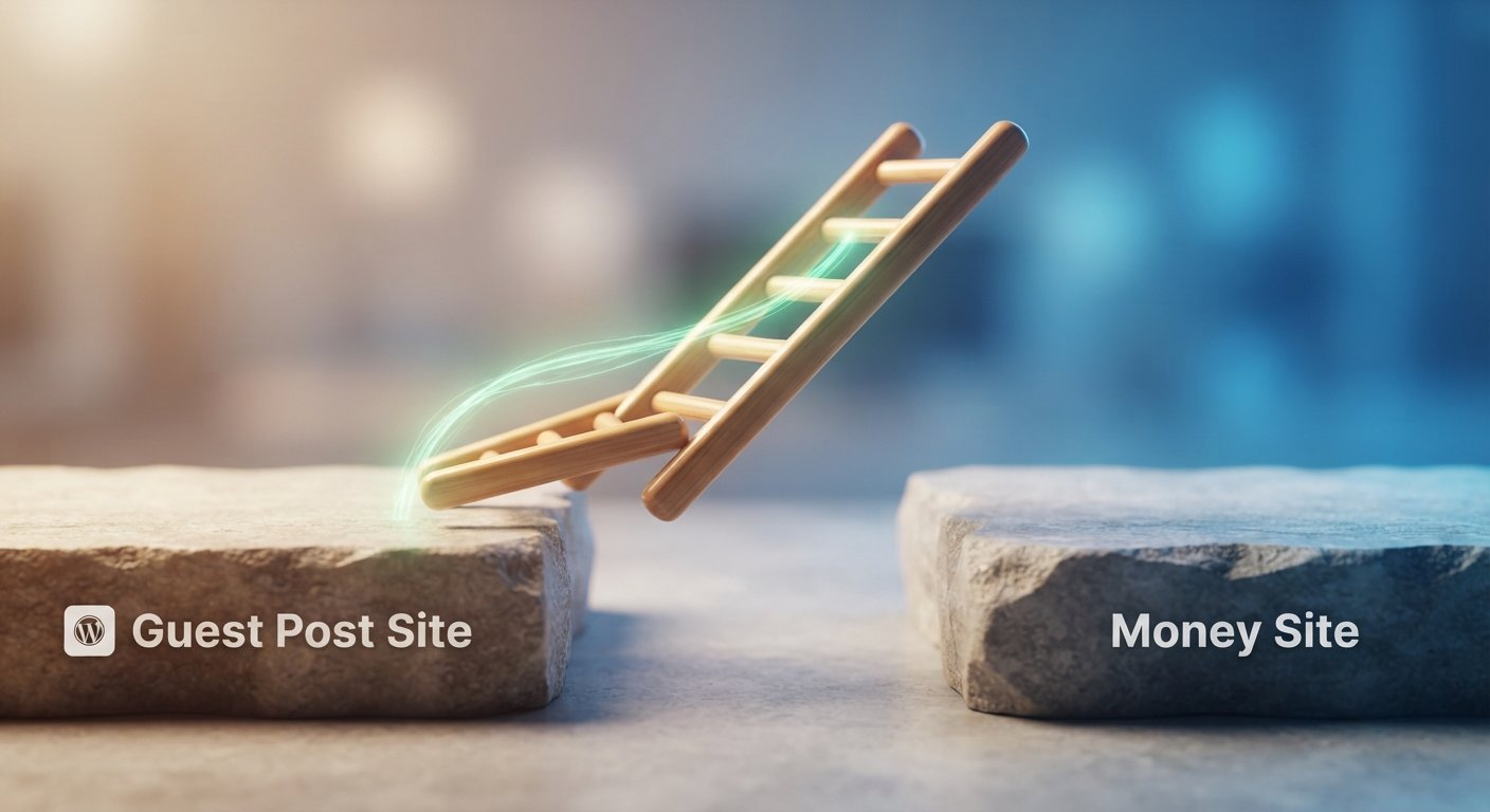 Conceptual image of a wooden ladder bridging a gap between a 'Guest Post Site' plinth and a 'Money Site' plinth, with glowing green energy flowing across.