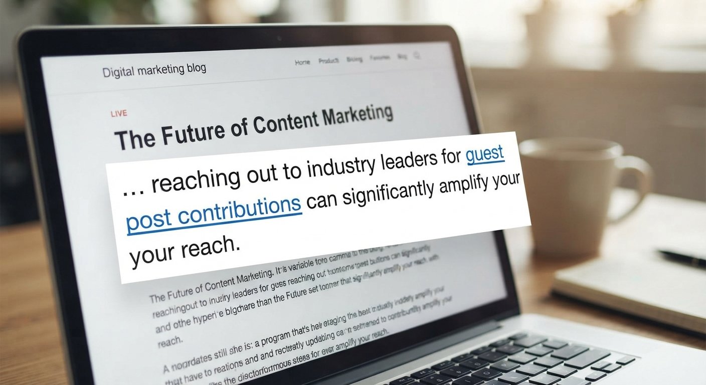 A close-up photograph of a laptop screen displaying an article where the phrase 'guest post contributions' is hyperlinked, illustrating an in-content editorial placement.