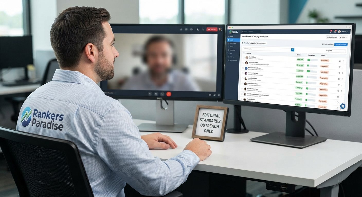 A Rankers Paradise specialist conducting professional outreach on a video call to secure high-quality guest posts.