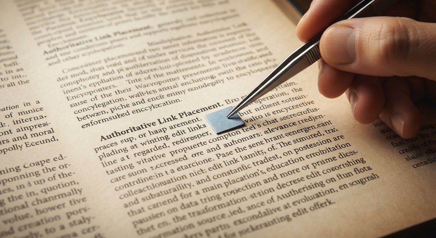 Hand using tweezers to place a link tag on an aged encyclopedia page for niche edits.