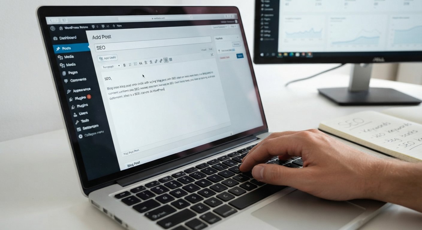 A close-up photograph showing a human hand manually typing unique content on a laptop for a WordPress blog post about link building services.