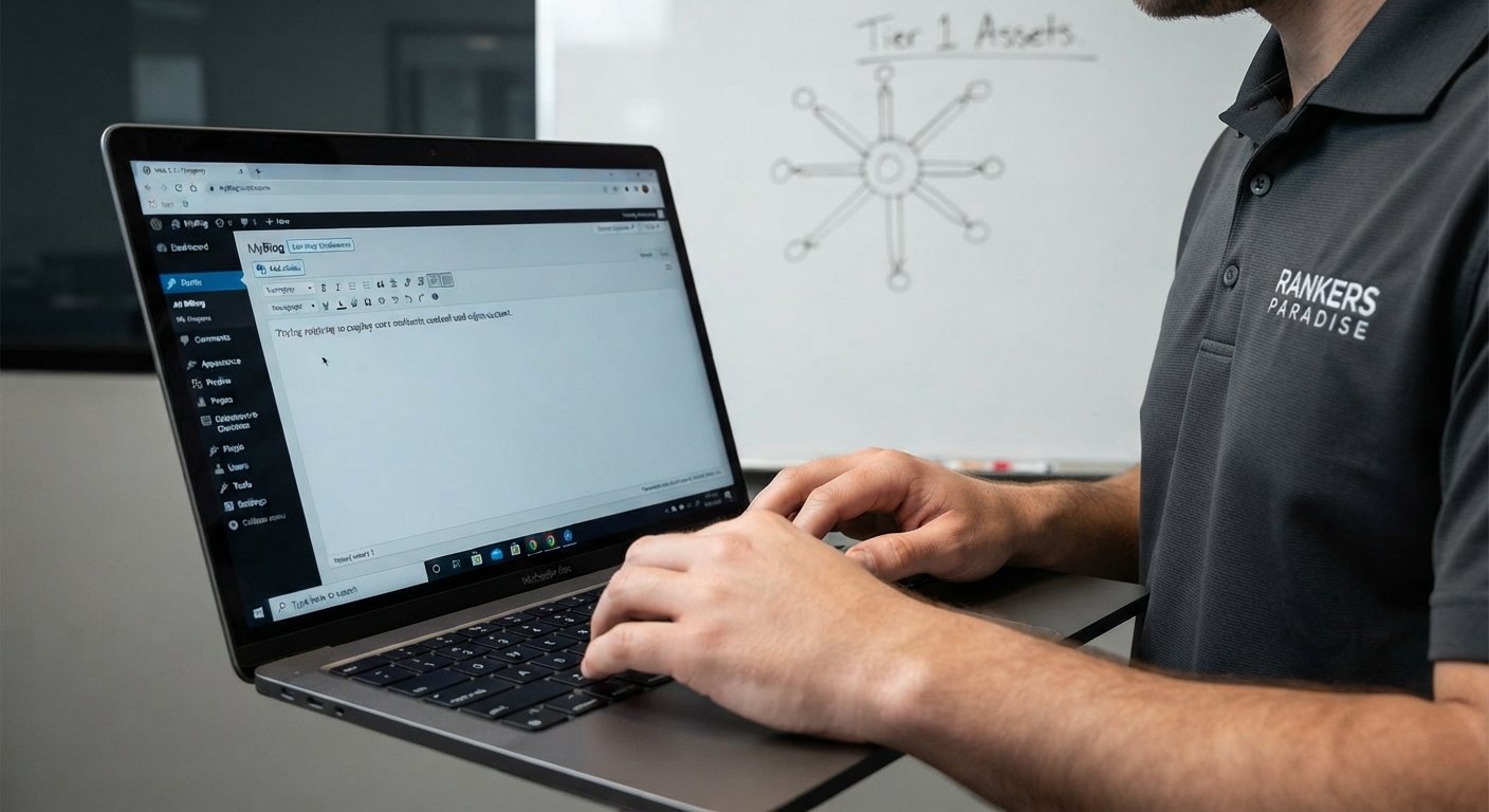 A close-up of hands manually configuring a unique Web 2.0 blog post on a laptop for safe SEO tiering.