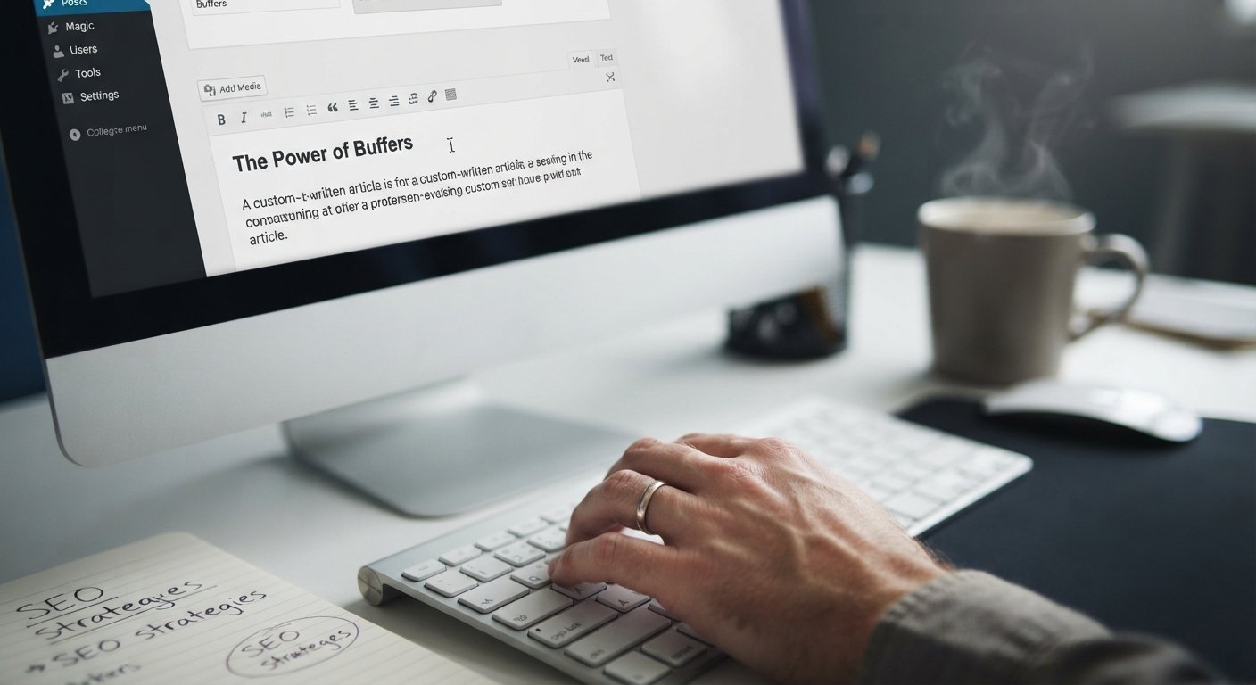 Close-up of a hand publishing a custom-written Web 2.0 article on a clean blog interface.