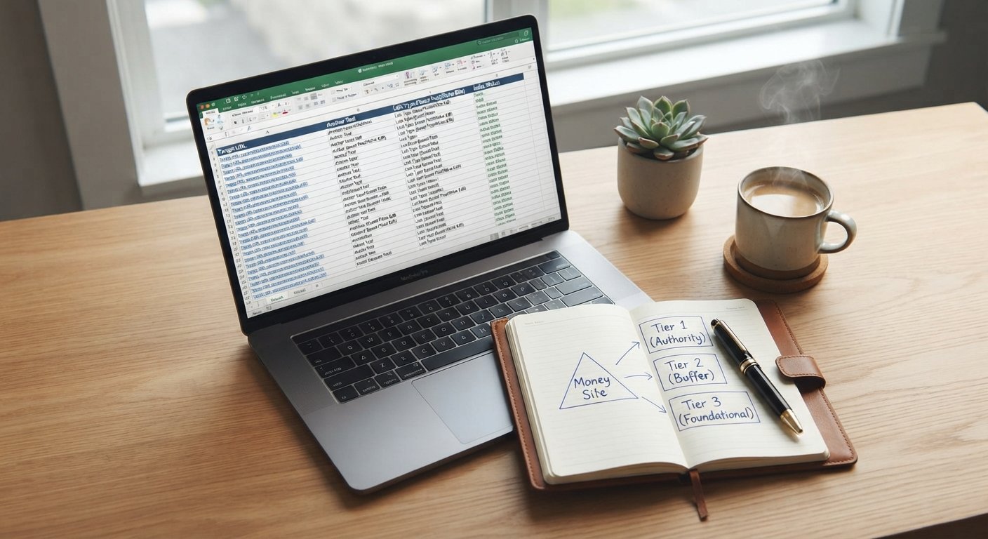 An overhead photograph of a clean wooden desk with an open laptop displaying an SEO spreadsheet and a notebook with a handwritten tiered link building strategy.