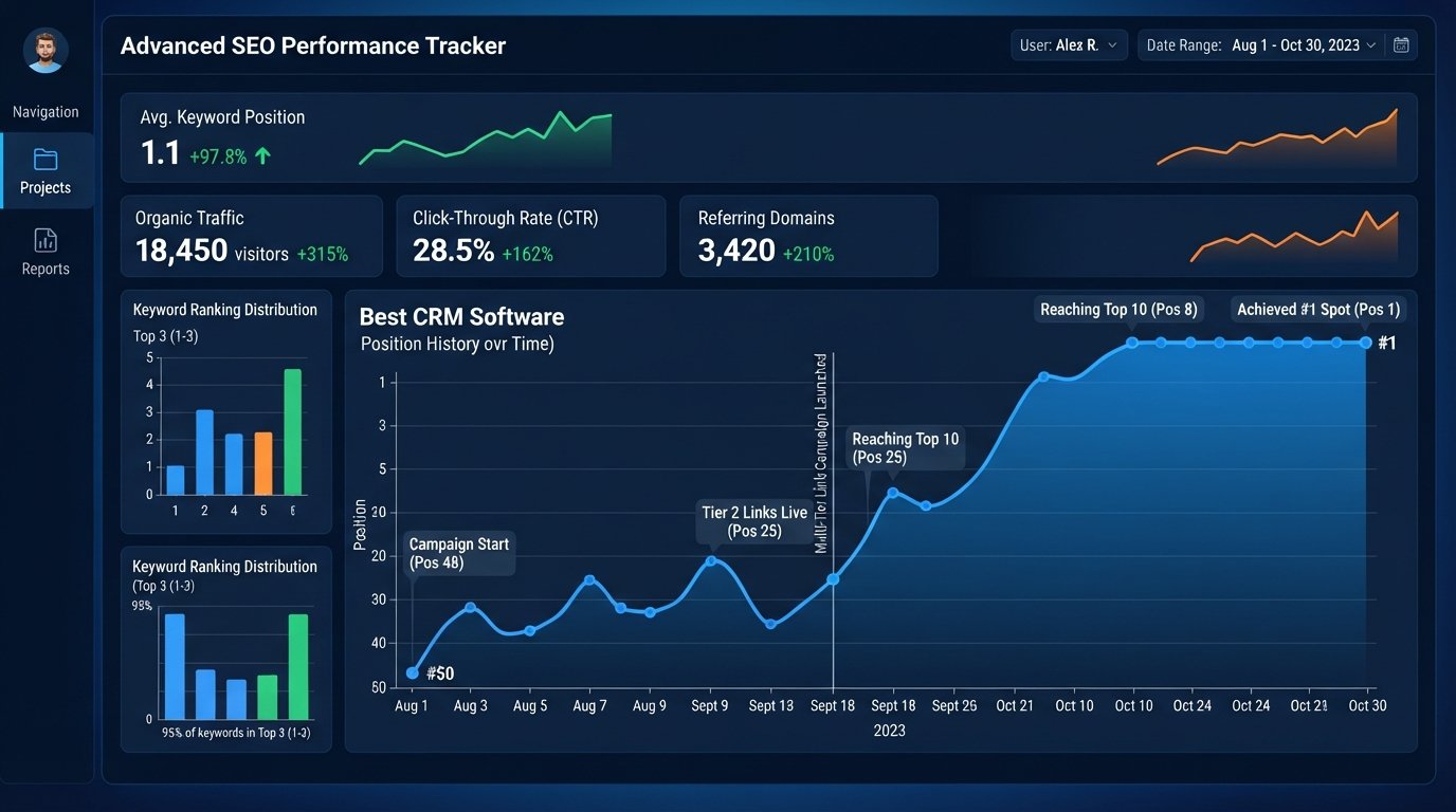 Keyword ranking graph showing organic traffic growth and number 1 Google SERP position from a multi-tier seo campaign
