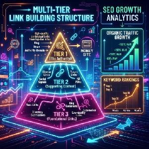 Multi-tier seo campaign structure showing pyramid link building and growth metrics