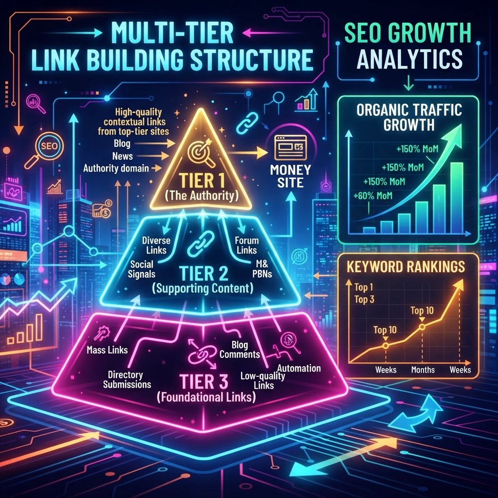 Visual breakdown of a multi-tier seo campaign and organic traffic growth