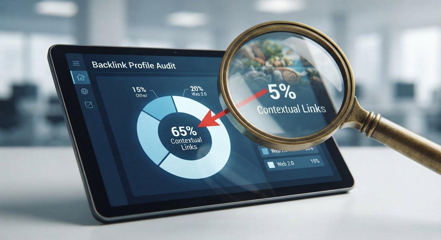 Vintage magnifying glass hovering over a tablet displaying a pie chart audit, highlighting a healthy 'Contextual Links' ratio.