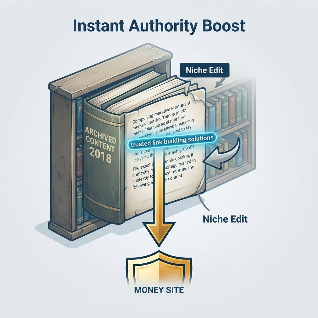Diagram illustrating a contextual link insertion (Niche Edit) into an aged, archived webpage, passing immediate trust to the money site.