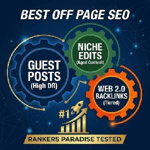 Visual workflow of Rankers Paradise off-page SEO package combining Guest Posts, Niche Edits, and Tiered Web 2.0 Backlinks for Google rankings.