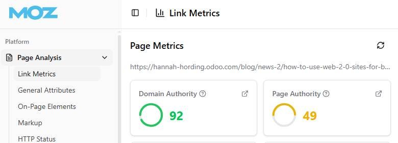 Screenshot shows odoo.com MOZ domain authority score