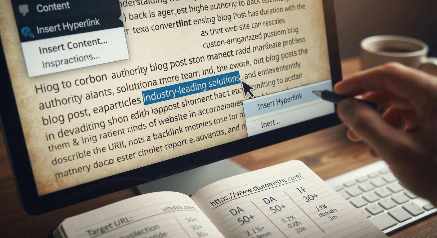 Macro shot of a cursor inserting a hyperlink into an aged, high-authority blog post.