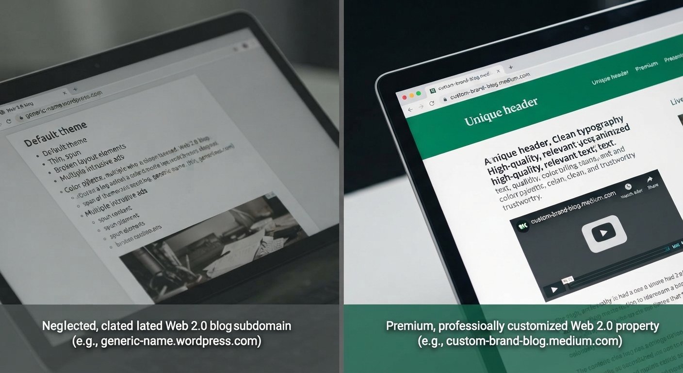 A macro photograph split-screen comparing a neglected, ad-heavy Web 2.0 subdomain with a clean, professionally customized custom brand blog.