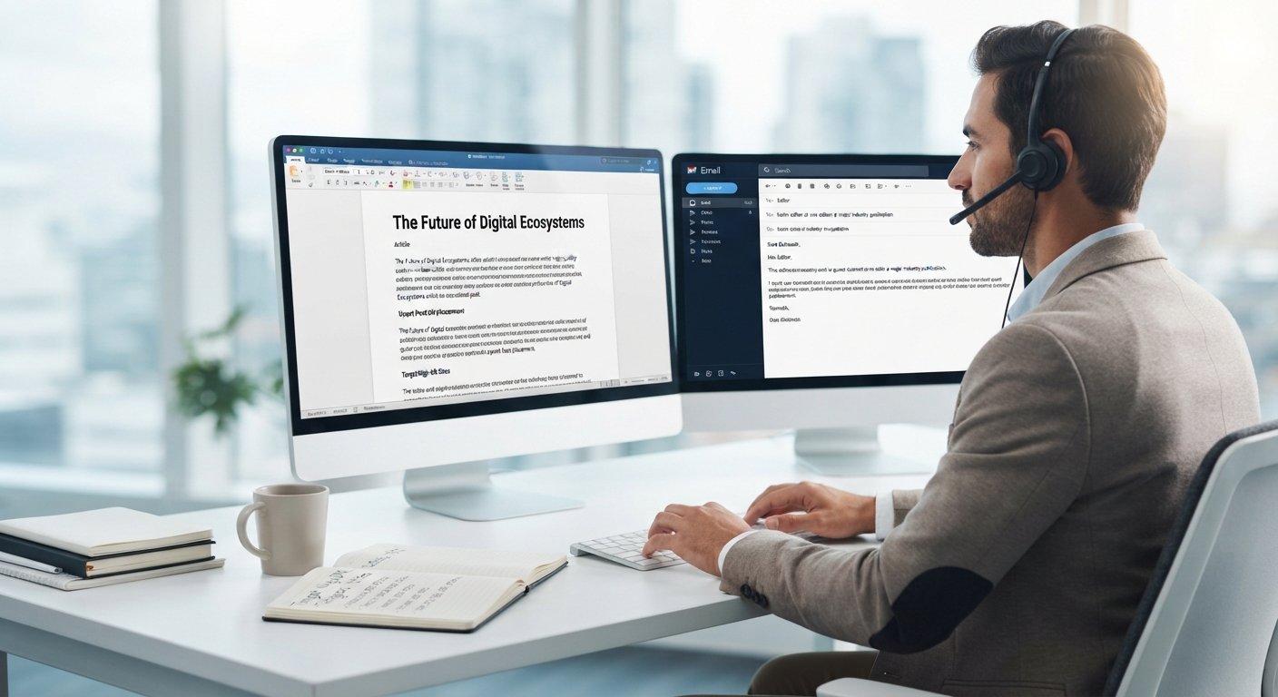 An outreach specialist in a modern office managing guest post placements on dual monitors.