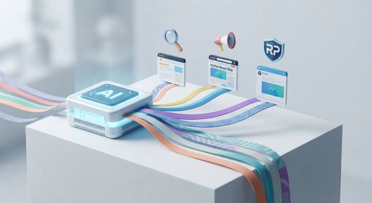 A conceptual illustration of an AI processor distributing diverse semantic data streams to multiple, unique publishing platforms.