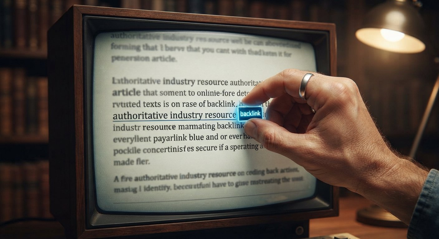 A macro close-up of a hand with a ring placing a glowing blue link token onto specific anchor text within an aged digital article on a vintage monitor.