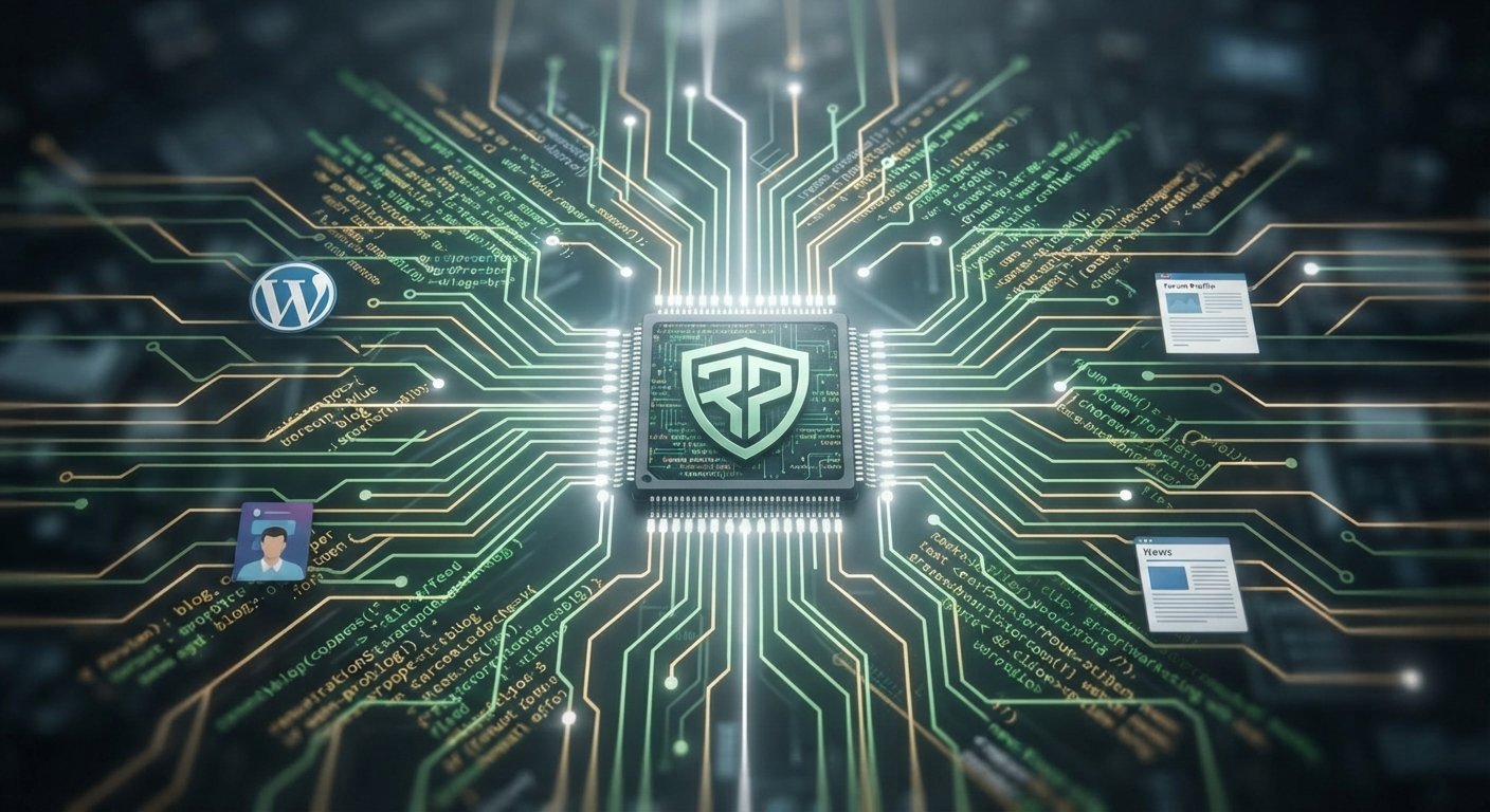 A macro photograph of a high-tech circuit board where glowing code forms the connections between diverse web properties.