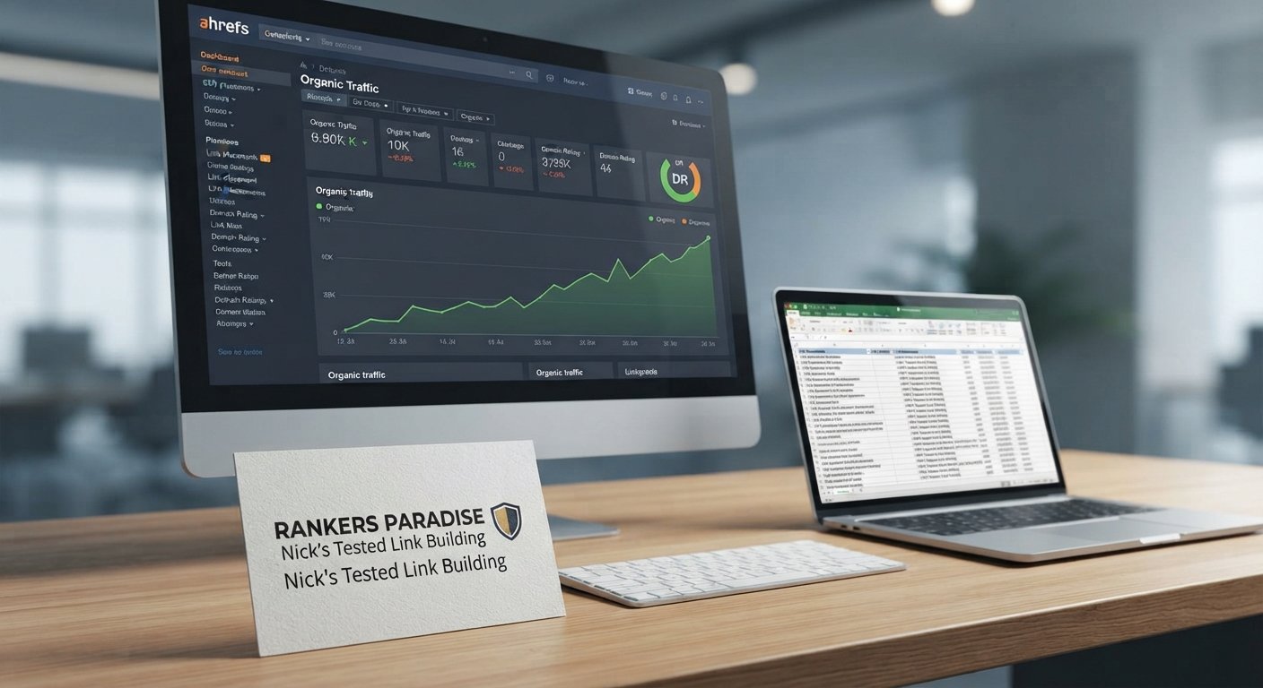 A professional SEO consultant's desk featuring a large monitor with a rising organic traffic graph and a high Domain Rating, symbolizing proven results.