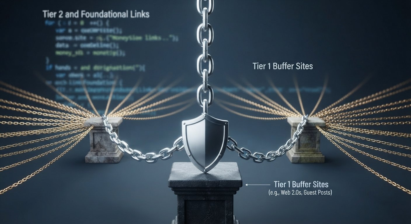 A conceptual visualization showing a secure central 'Money Site' shield connected via chains to 'Tier 1' buffers, which are supported by a vast network of 'Tier 2' links.