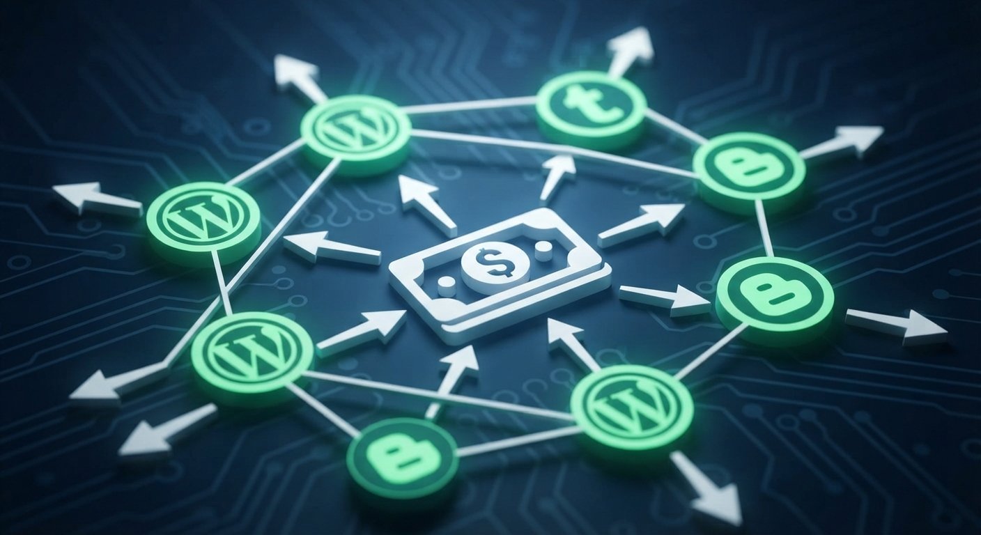 Visual representation of a Web 2.0 backlink buffer network for SEO safety.