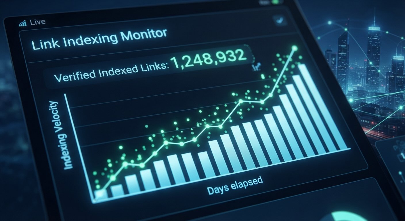 A macro photograph of a digital dashboard showing a rising bar chart and a large counter that reads 'Verified Indexed Links: 1,248,932'.