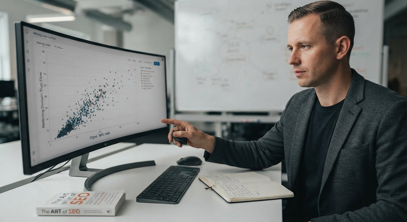 A professional SEO analyst pointing at a scatter plot visualization on a wide monitor, evaluating the correlation between domain trust flow and organic traffic.