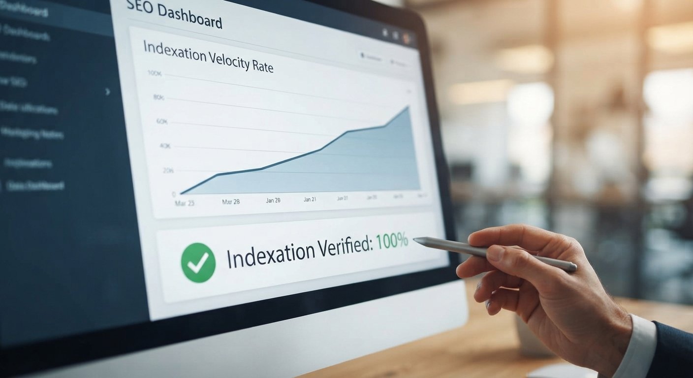 A macro photograph of a professional SEO dashboard displaying a rising 'Indexation Velocity Rate' chart and a '100% Indexation Verified' status with a green checkmark.