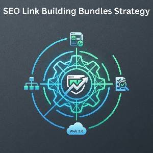 SEO Link Building Bundles: Interconnected gear strategy for top Google ranking success.