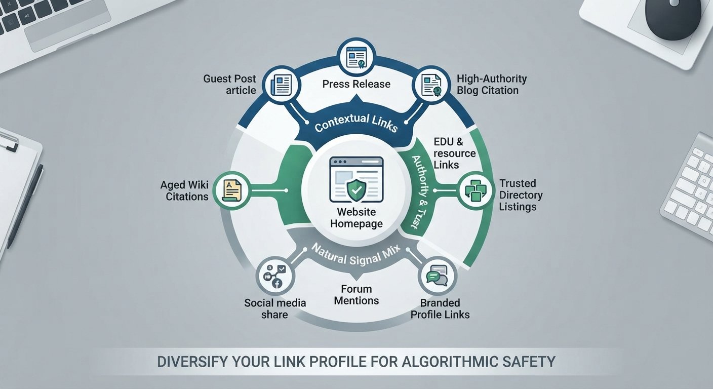 Visual chart illustrating SEO link diversity: Contextual, Authority, and Natural signals.