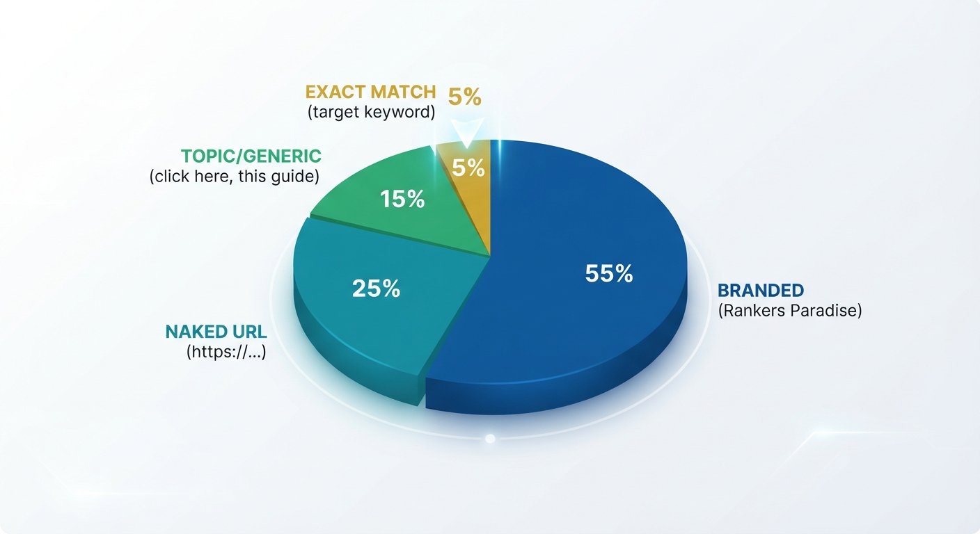 A 3D pie chart showing a diversified anchor text profile: 55% Branded, 25% Naked, 15% Topic, 5% Exact Match.