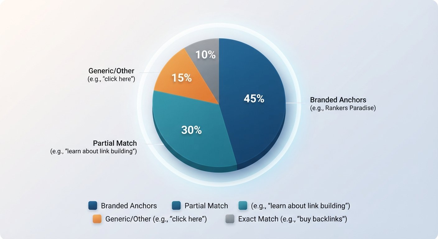 An infographic pie chart showing a recommended anchor text distribution: 45% Branded, 30% Partial Match, 15% Generic, and 10% Exact Match.