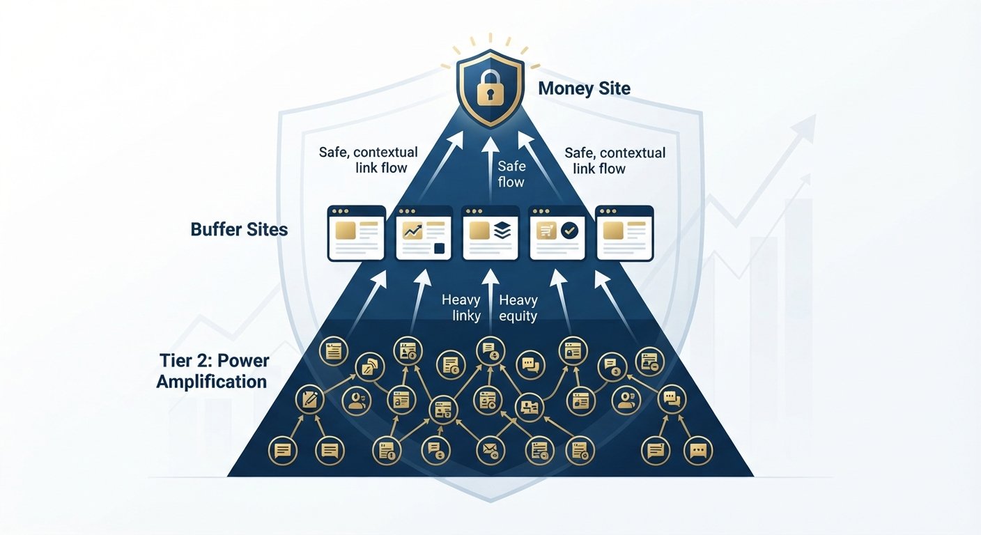 Detailed infographic showing a safe tiered link building pyramid with T1 buffer sites and T2 amplification.