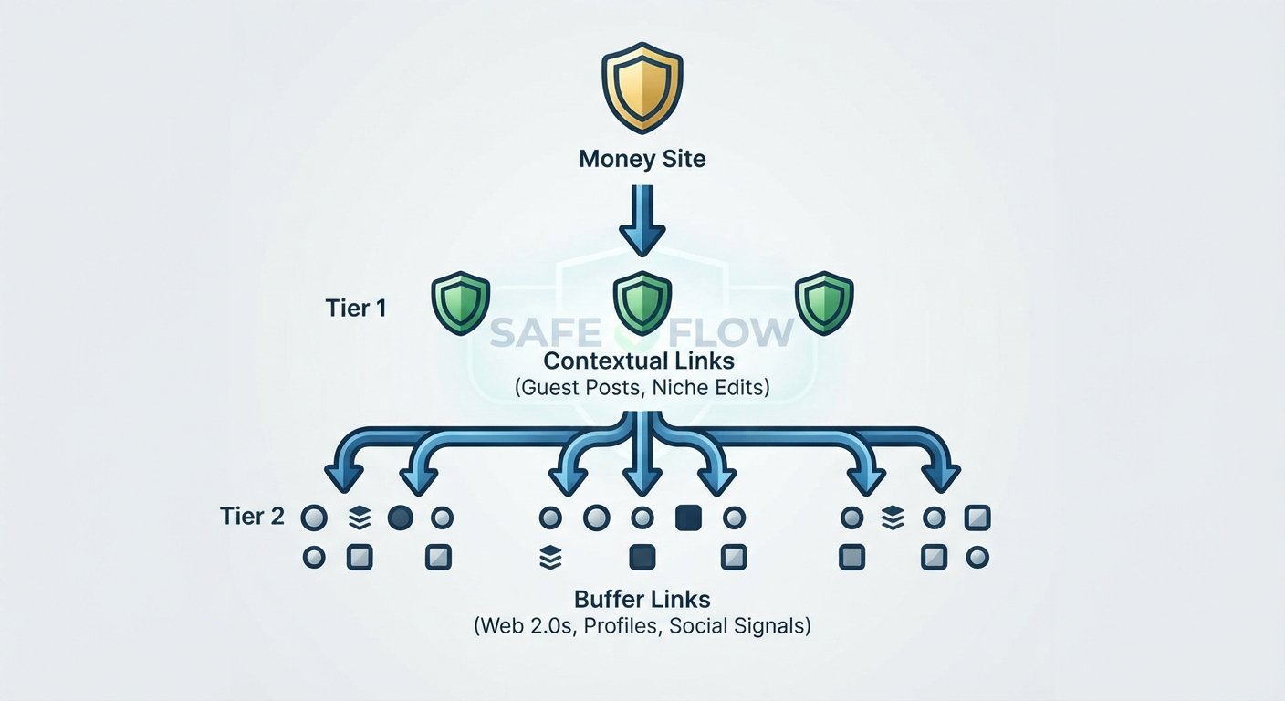 Infographic showing a secure tiered link-building architecture with safe flow filters.