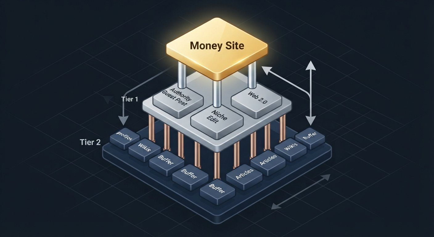Isometric illustration of a secure SEO backlink pyramid, showing a 'Money Site' supported by 'Tier 1' and 'Tier 2' buffer properties.