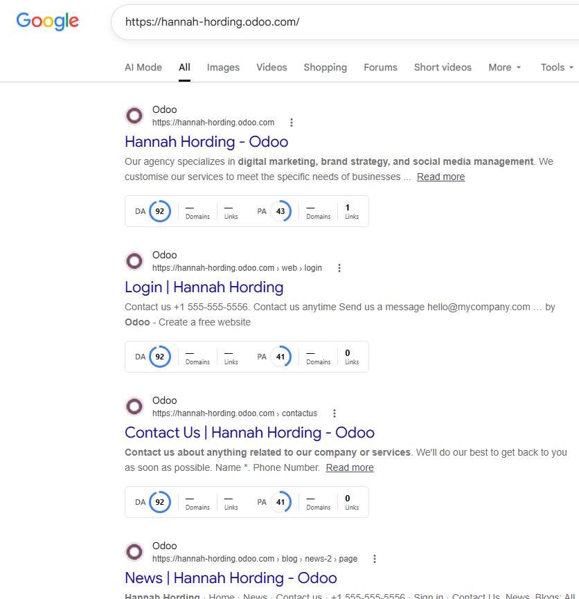 This screenshot shows our odoo.com blog is indexed in Google SERPs