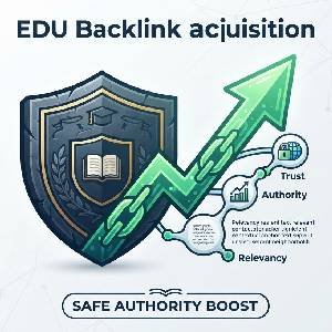 Infographic illustrating secure EDU backlink acquisition with a university shield and rising green arrow for SEO authority.
