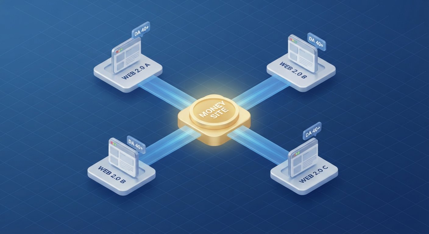 An isometric illustration showing a central money site hub connected to three high-DA Web 2.0 properties.