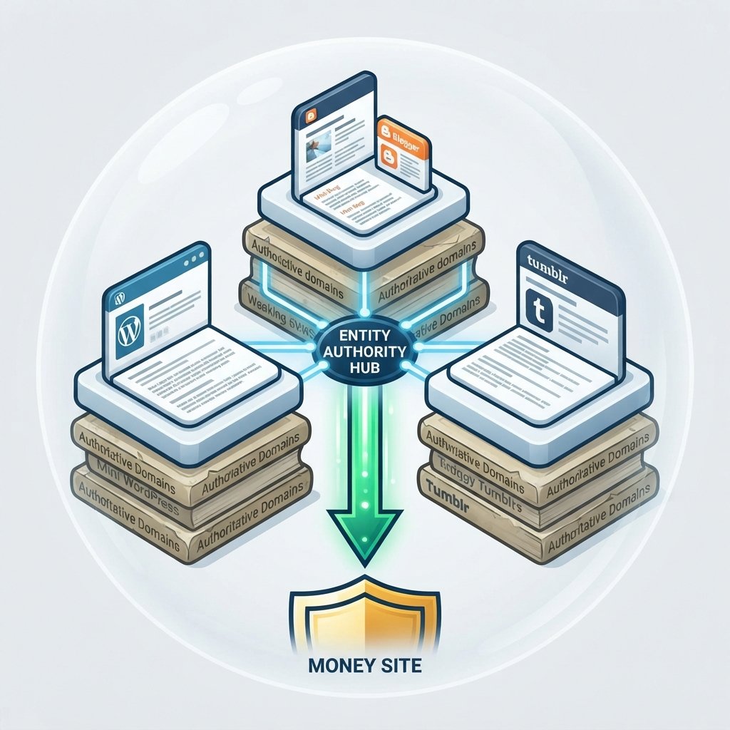 Illustrated diagram showing a secure, interconnected network of Web 2.0 properties passing entity authority to a money site shield.